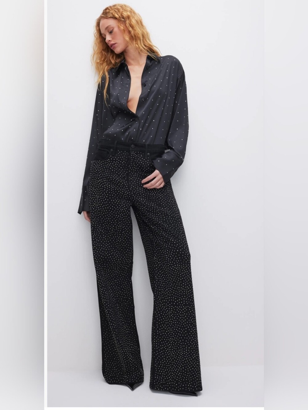 Good Ease Rhinestone Wide Leg Jeans
Good American.